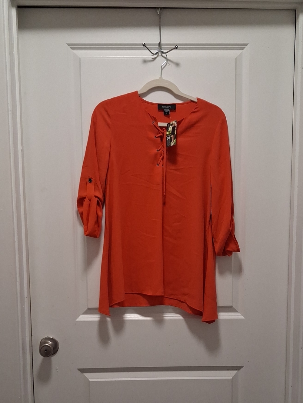 Karen Kane Bright Orange Lace-Up Roll-Tab Tunic Top